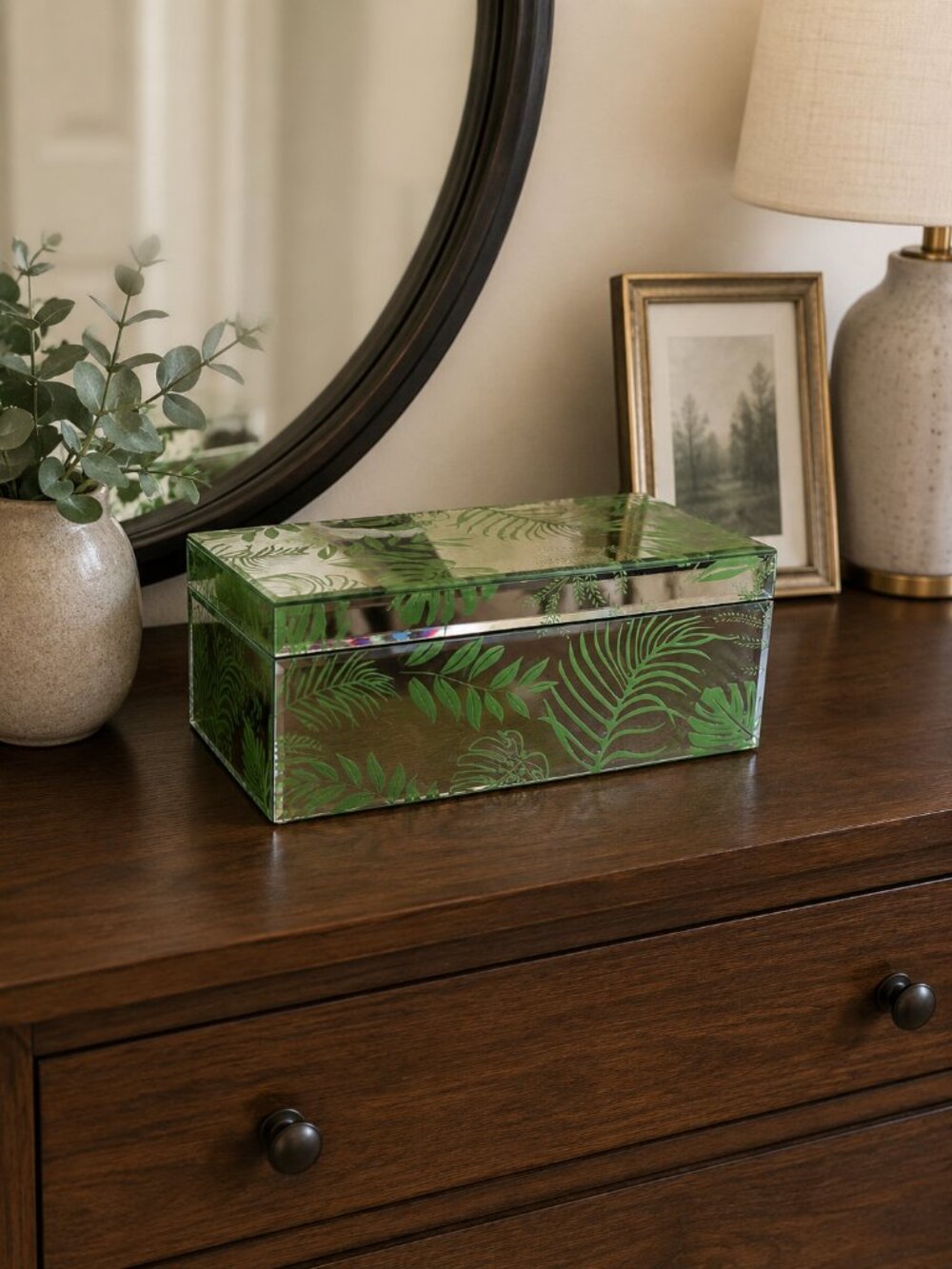 Mirrored Green Leaf Jewelry Box